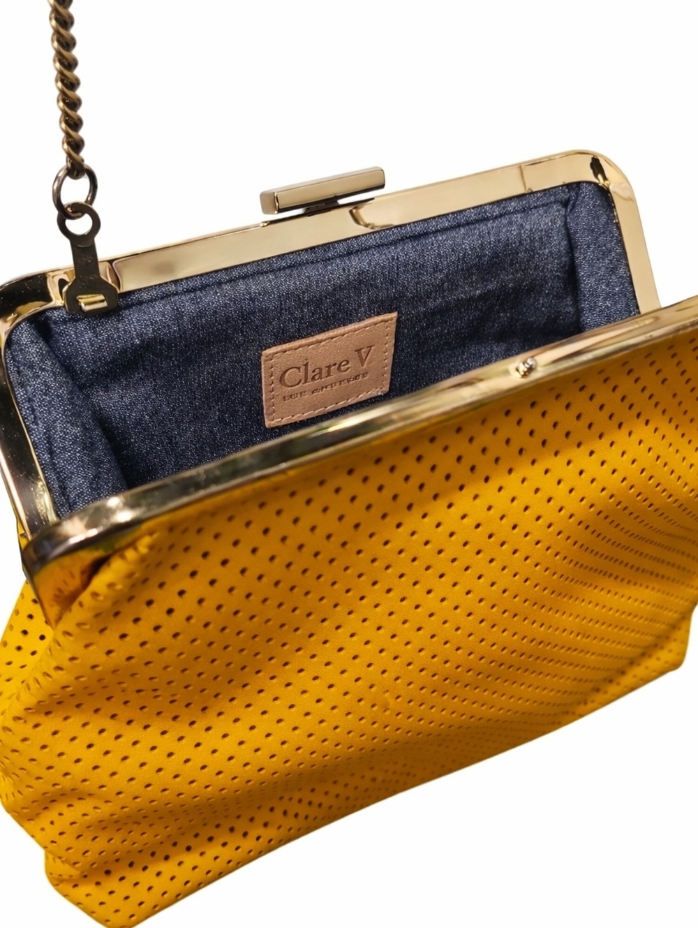 CLARE V | Yellow Perforated Leather Frame Bag Crossbody Shoulder Bag - Picture 7 of 8